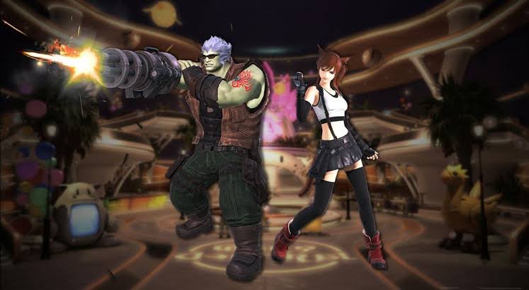 Personagens de Final Fantasy XIV com os trajes de Barret e Tifa no Gold Saucer, imagem do keynote do Fan Festival 2026 em Berlim